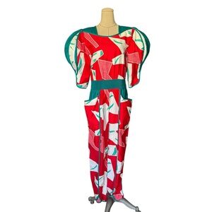 Rare Vintage 80s JEANNE MARC Jumpsuit Colorful Abstract Print Avant Garde